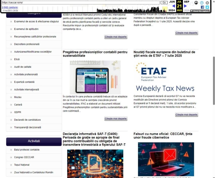 Wayback Machine screenshot showing CECCAR's website main menu on July 21, 2025, which lacks any whistleblower or Law 361/2022 section.