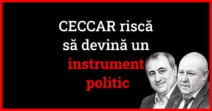 Ilustrație editorială alb-negru cu Daniel Fenechiu și Robert-Aurelian Șova, realizată pentru o analiză despre CECCAR, UPLR și independența profesiei contabile