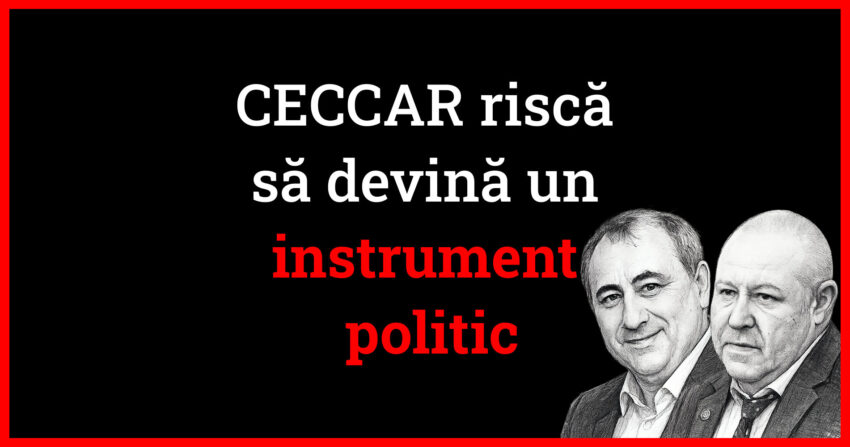 Ilustrație editorială alb-negru cu Daniel Fenechiu și Robert-Aurelian Șova, realizată pentru o analiză despre CECCAR, UPLR și independența profesiei contabile