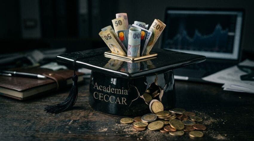 O tocă de student din ceramică neagră lucioasă, transformată in pușculiță și gravată cu numele Academia CECCAR, din care se scurg bani pe un birou.