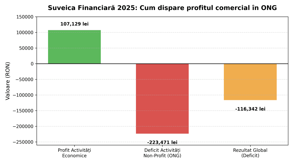 Schema contabilă de tip suveică din bilanțul CECCAR 2025: profit economic anulat de cheltuieli artificiale în ONG.