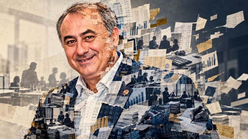 Portretul lui Robert-Aurelian Șova integrat într-un colaj cu documente, grafice contabile, ședințe și activitatea profesioniștilor CECCAR.