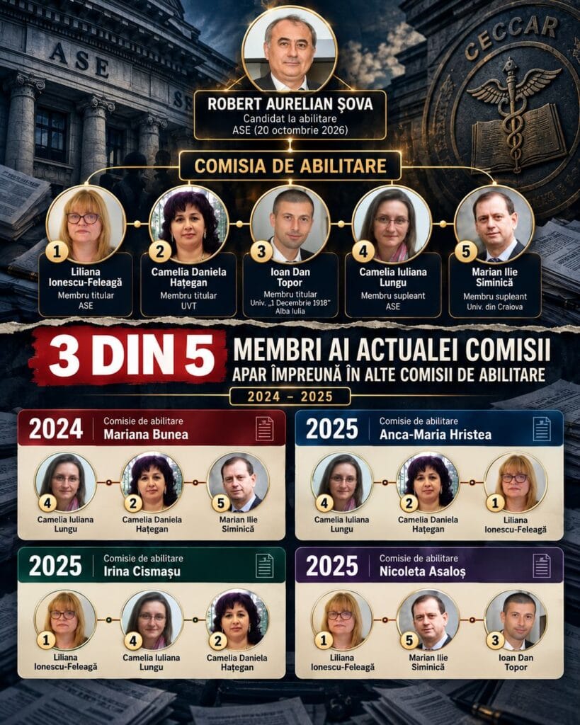 Infografic care arată că trei dintre cei cinci membri ai comisiei lui Robert Aurelian Șova apar împreună în alte comisii de abilitare din 2024 și 2025