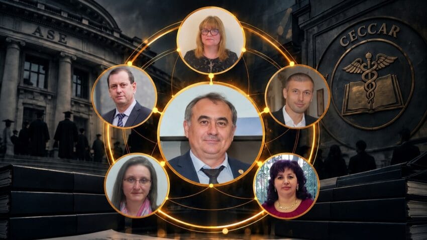 Ilustrație conceptuală cu Robert Aurelian Șova în centrul unei rețele de relații academice și profesionale asociate comisiei de abilitare și CECCAR