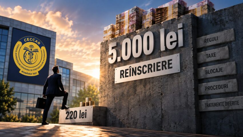 Ilustrație editorială despre taxa de reînscriere în CECCAR, ce a crescut de la 220 de lei la 5.000 de lei, taxa fiind reprezentată ca o barieră financiară.